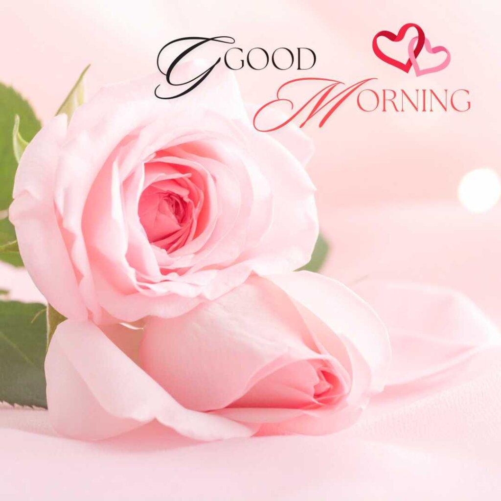 A beautiful close-up of a soft pastel pink rose with another soft pink bud blurred in the background, featuring elegant black cursive text Good Morning and two intertwined pink line hearts in the upper right corner.