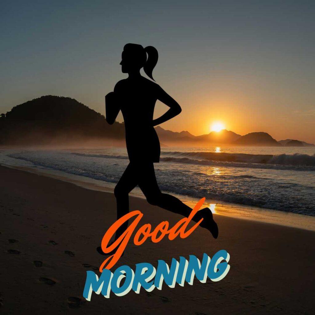 Silhouette of a woman jogging on a sandy beach during a beautiful golden sunrise with Good Morning text.