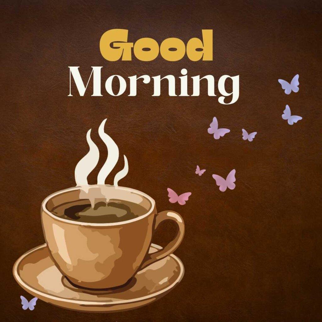 An illustration of a steaming brown coffee cup on a saucer with small pink and white butterflies flying out of it, set against a dark textured background with 'Good Morning' text.