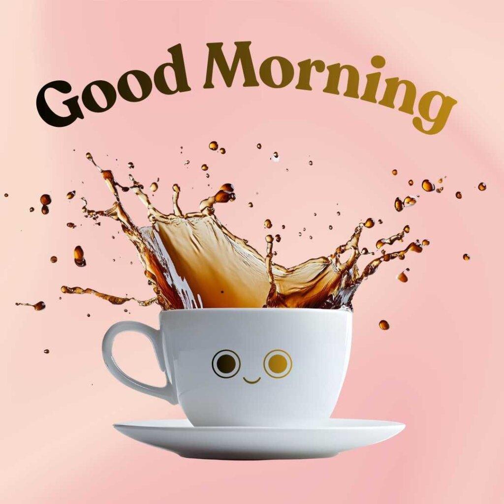 Cute smiling coffee cup with a big liquid splash and 'Good Morning' text overlay.