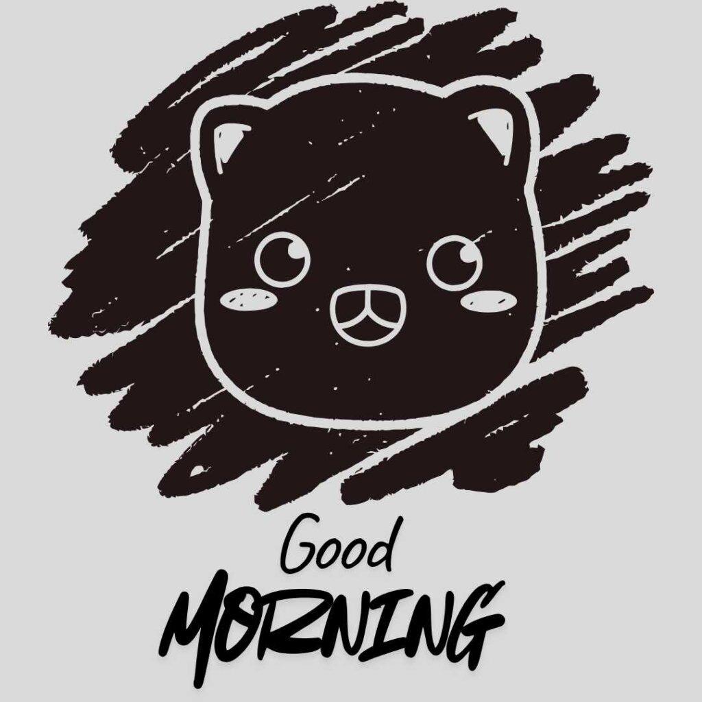 Cute black bear doodle illustration with a textured dark background and artistic black "Good Morning" text on a light gray canvas.