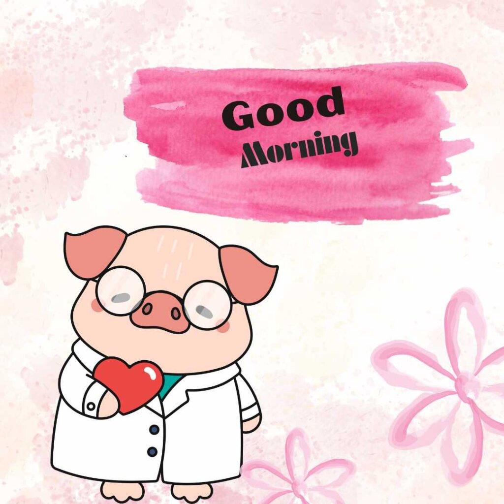 An adorable cartoon piglet dressed as a doctor wearing glasses and holding a red heart, with a pink watercolor background and "Good Morning" text.