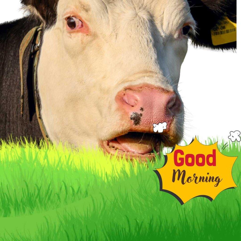 Close-up of a white and black cow with its mouth slightly open behind green vector grass, featuring a yellow Good Morning speech bubble