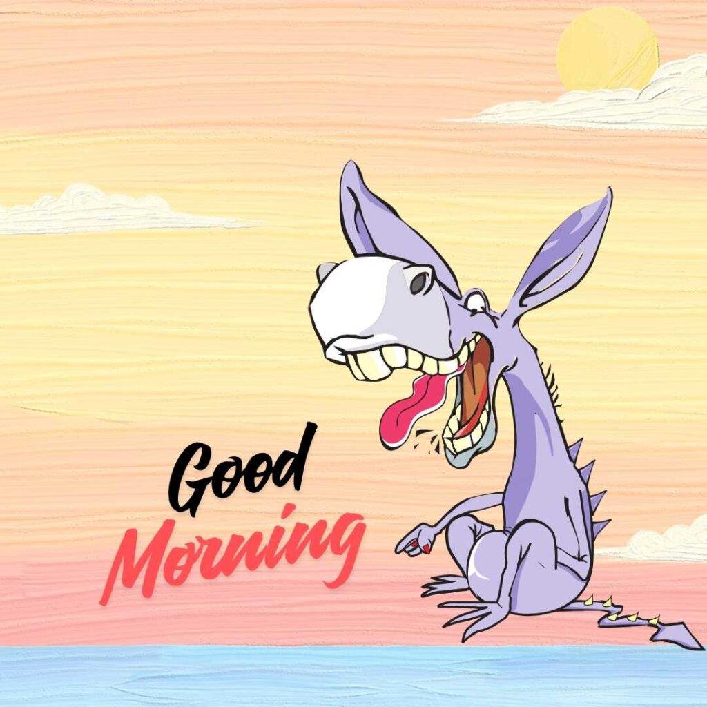 Funny purple donkey character laughing out loud next to "Good Morning" text, with a sunset sky and sea background.