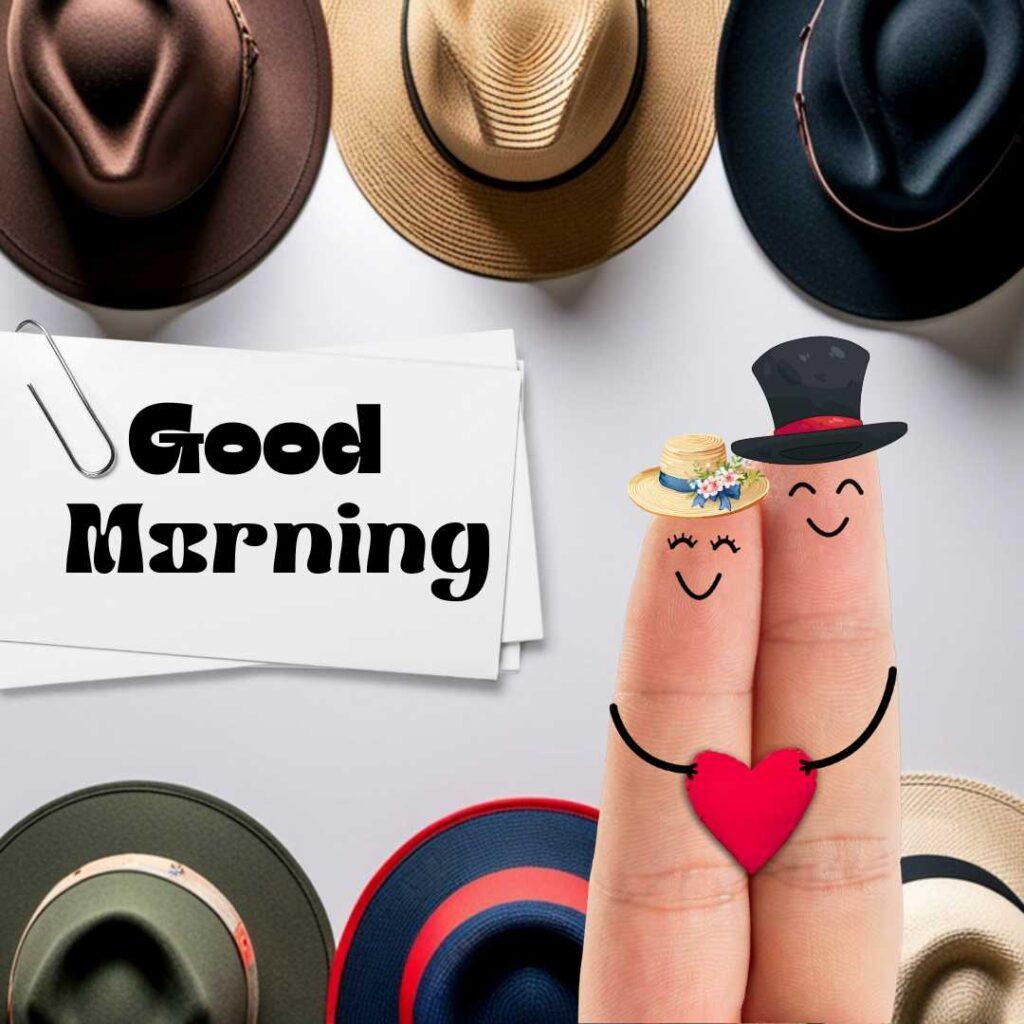 Two cute finger art characters wearing a top hat and a straw hat with flowers, holding a red heart surrounded by real stylish hats.