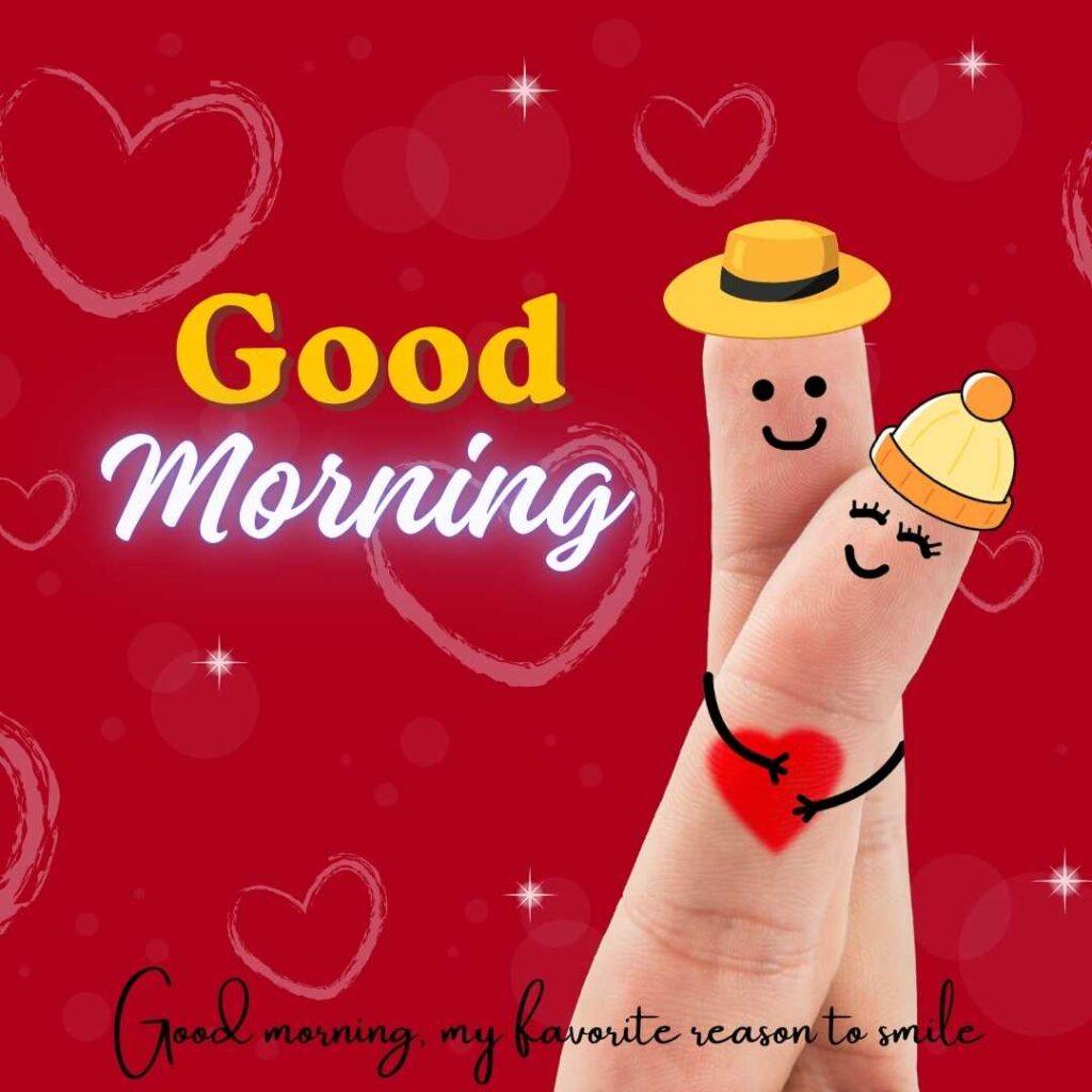 Two finger art characters wearing cute yellow hats and hugging with a red heart on a bright red background with hearts and stars.