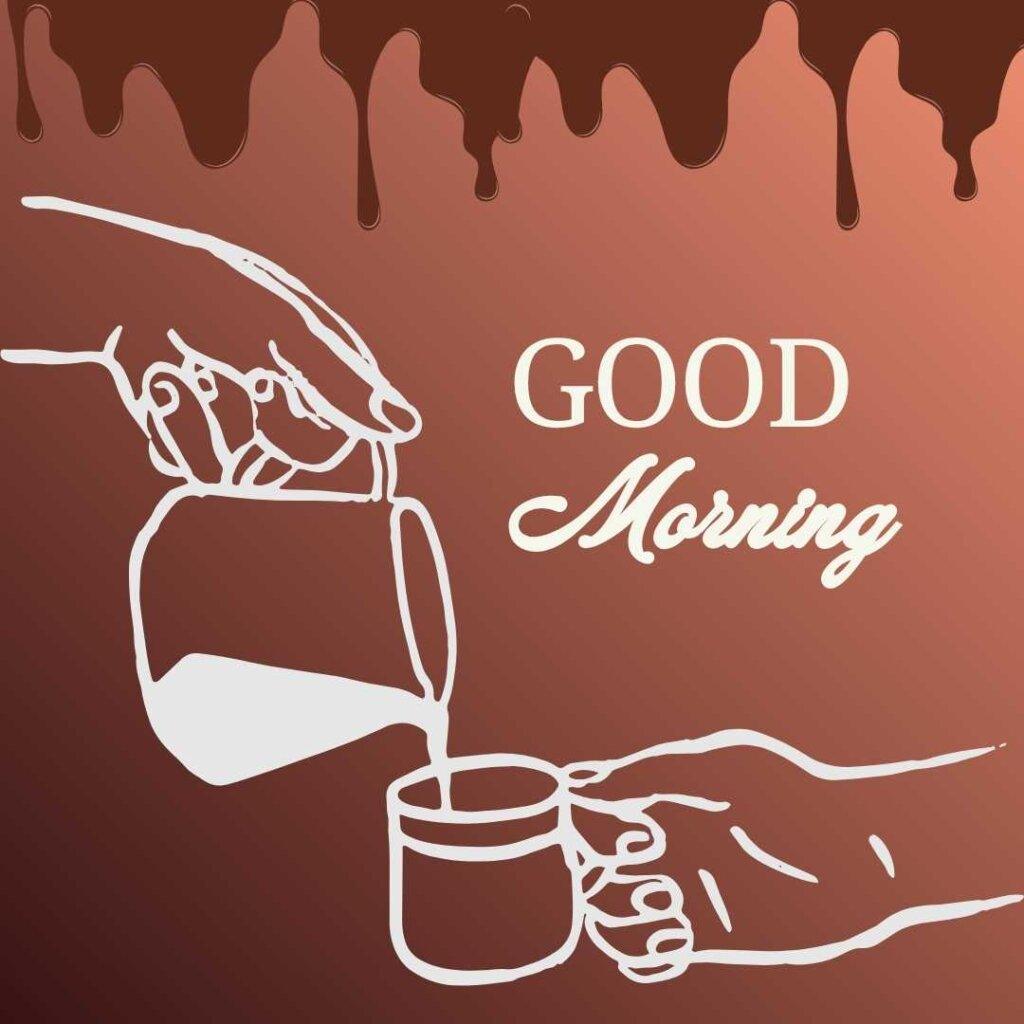 Line art illustration of pouring milk into a coffee mug with a Good Morning greeting on a brown background.