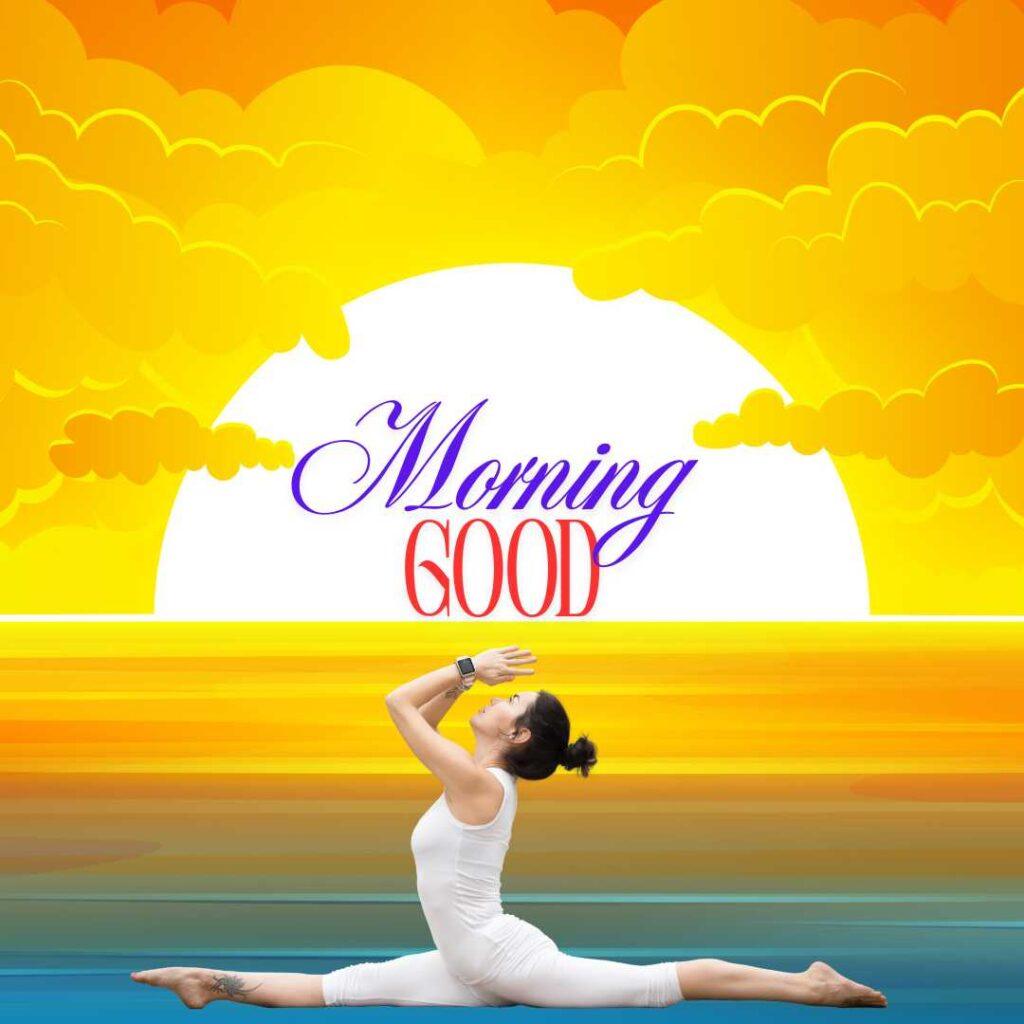 A woman in a white outfit doing full yoga splits on a beach with a stylized yellow sunrise background and Morning Good text.
