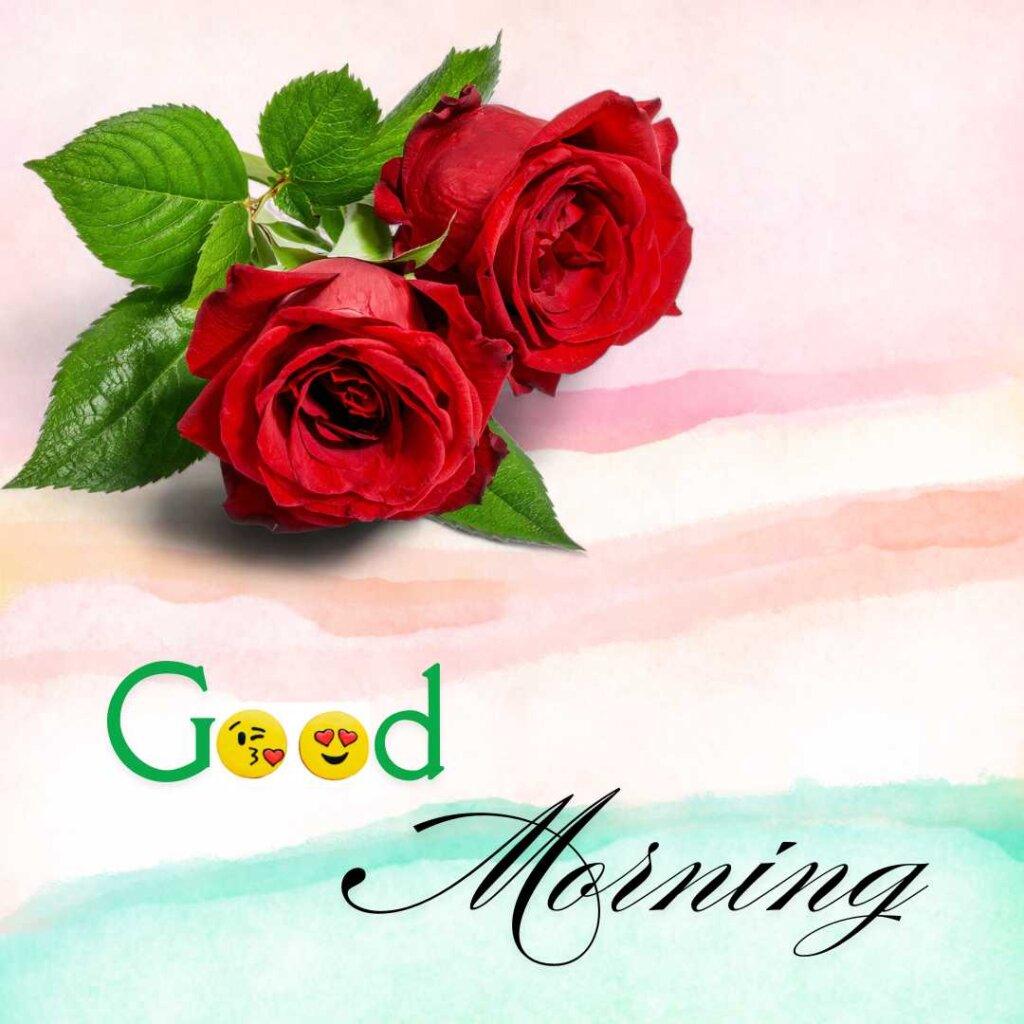 Two fresh red roses with bright green leaves resting on a light pink, orange, and teal soft watercolor horizontal stripe background, with the text Good Morning featuring two kissing emojis.