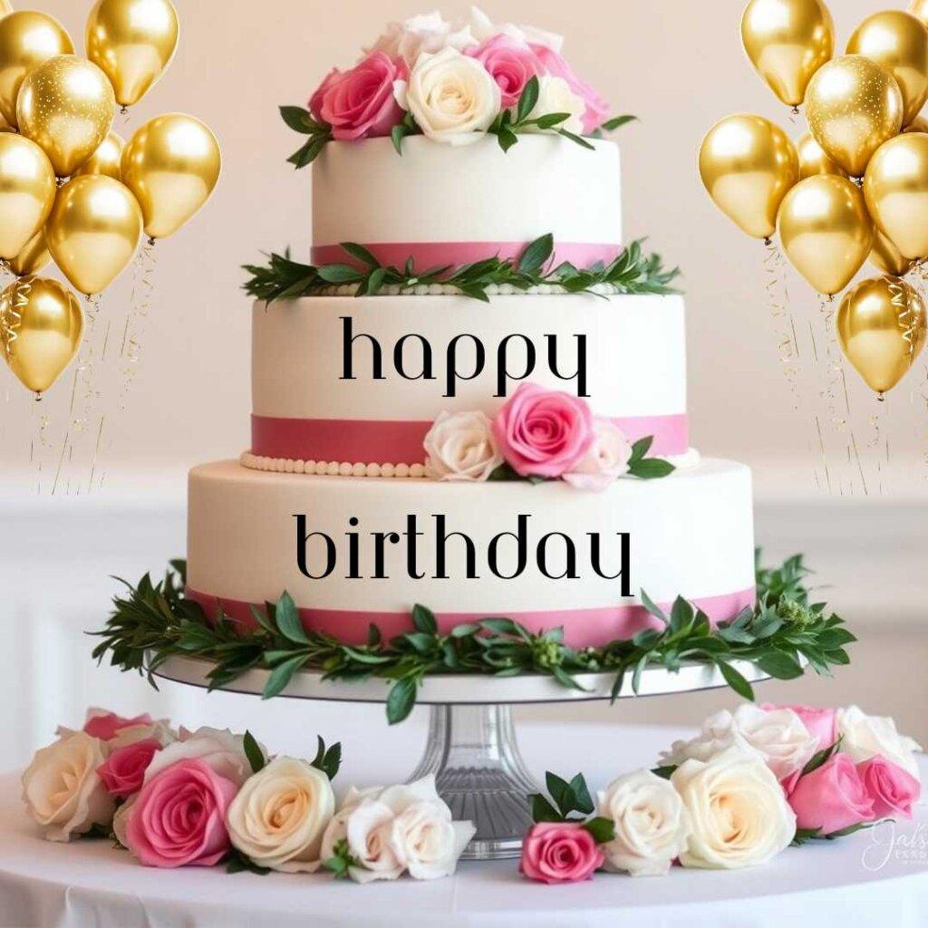 focus happy birthday wishes three tiers birthday cake golden balloons